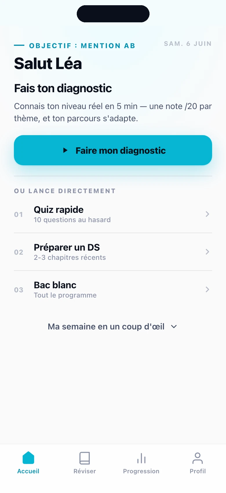 Tableau de bord easyPrepa sur mobile : diagnostic en un clic, quiz rapide, préparation de DS et bac blanc
